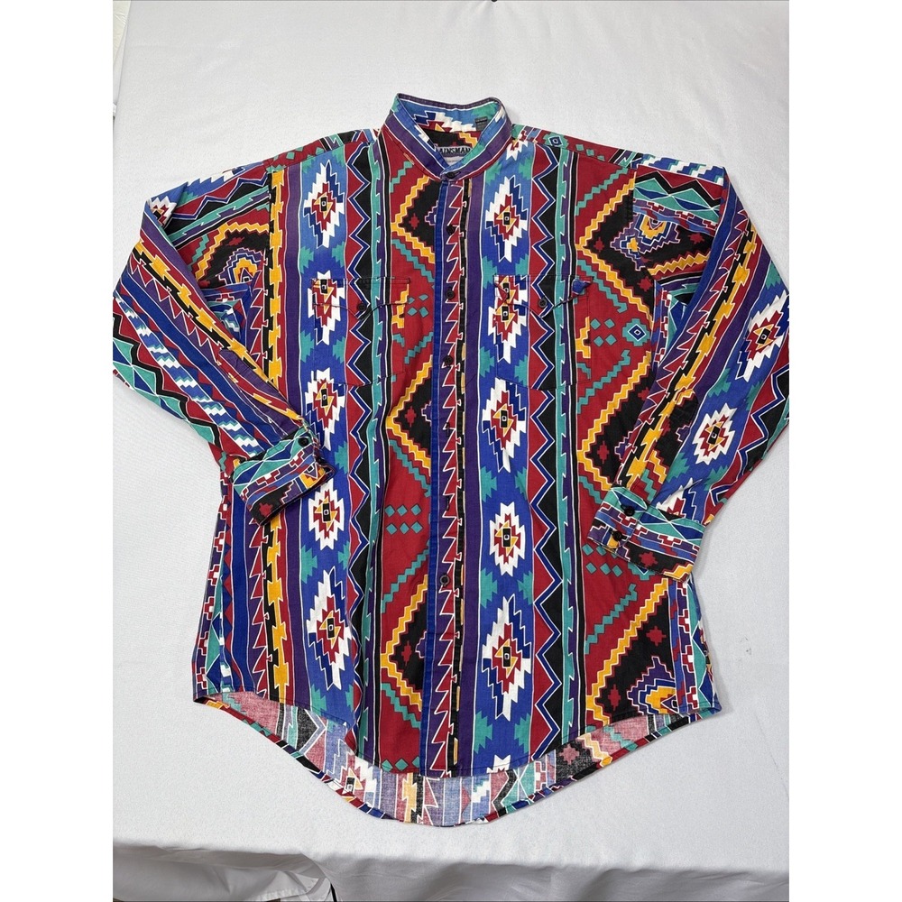 Vtg Plainsman Western Shirt Mens Large 16 Aztec Southwest Rodeo Cowboy Turquoise